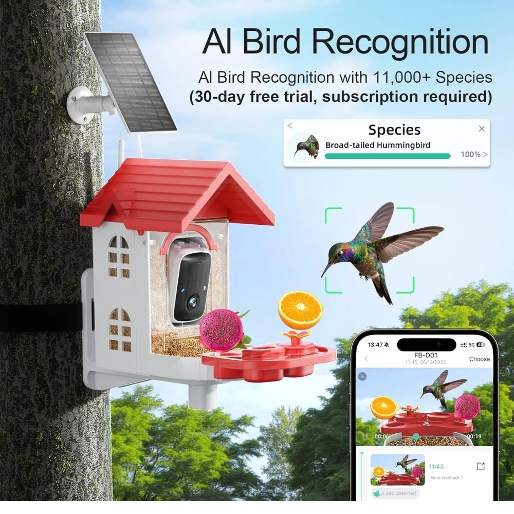 Red and White Bird Feeder with Camera